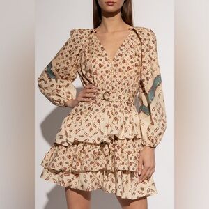 Ulla Johnson Cream and Brown Patterned Long Sleeve Dress